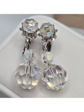 Vintage Coro Aurora Borealis Crystal Drop Earrings 1950s AB Clip-On Bridal